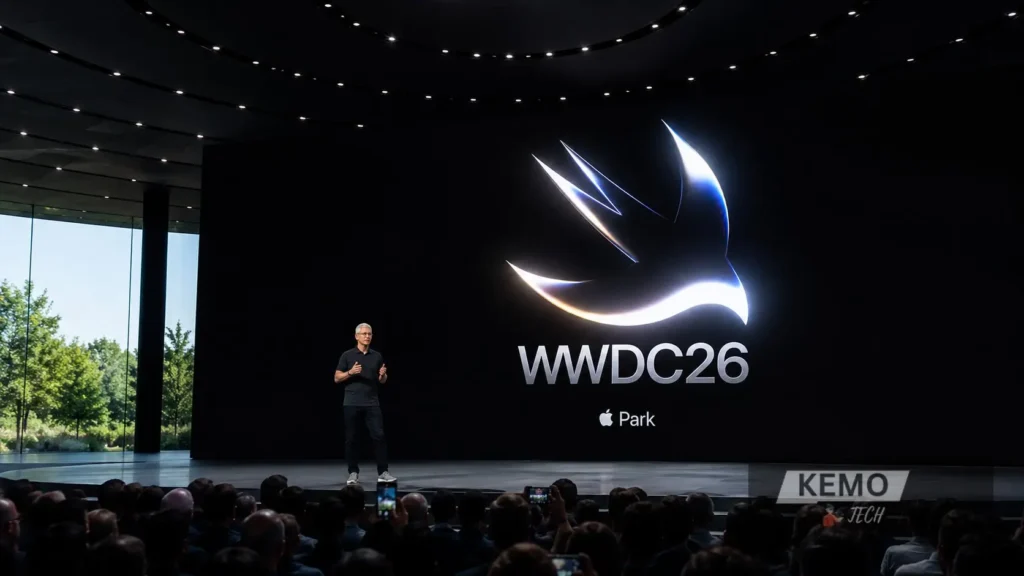 Apple CEO presenting at the WWDC 2026 keynote at Apple Park with WWDC26 logo on the large stage screen and audience in attendance