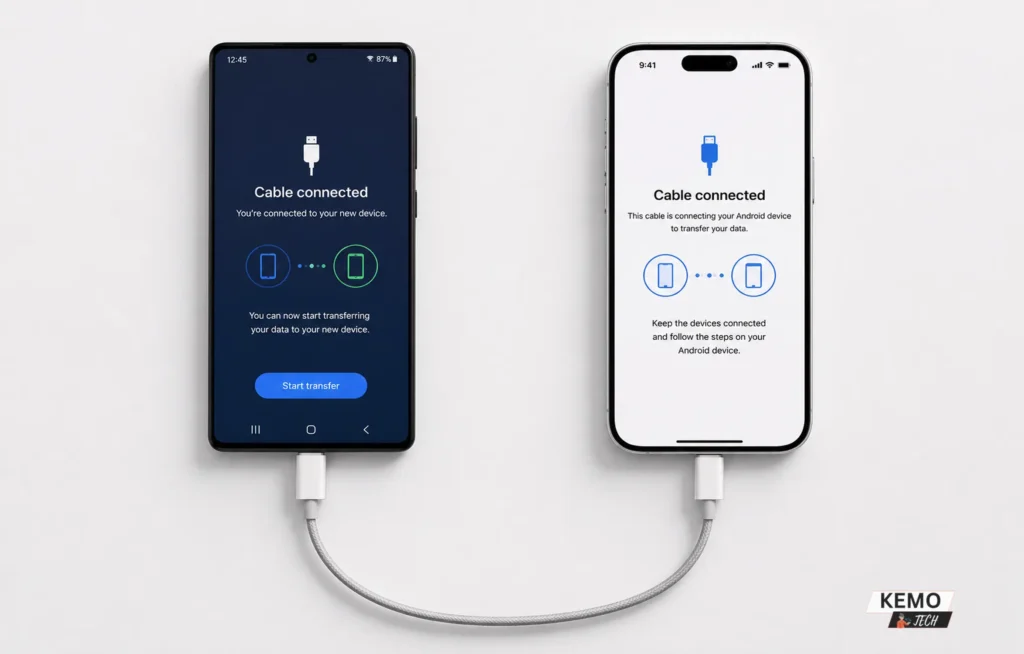 Android phone and iPhone connected by USB-C cable both showing Cable Connected screen — wired data transfer from Android to iPhone faster than wireless