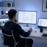 Professional person at a multi-screen desk setup displaying five different AI tool interfaces including chatbot image generator writing assistant research assistant and code assistant