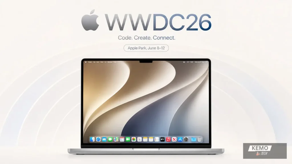 WWDC 2026 event banner showing Apple logo WWDC26 branding Code Create Connect tagline and MacBook at Apple Park June 8 to 12