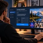 AI art generation workspace with an AI image generator on a computer monitor