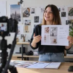 Creator planning AI video editing and social content while filming with a camera in a studio